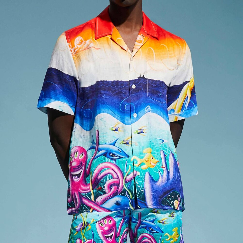 New Vilebrequin Kenny Scharf Men XL 100% Linen Vacation Tropical Hawaiian